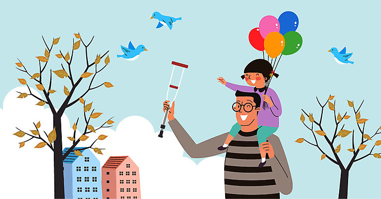 나무 여자 남자 어린이 일러스트 조류 하늘 따뜻함 사람 성인 두명 마음 봉사 목말 자원봉사자 장애인 즐거움 사랑나눔 풍선 나눔 목발 파랑새 국내일러스트 AI파일 식물 동물 감정 의료기기 모션 사랑 도움 장애 파일형식 벡터