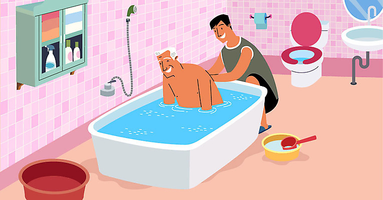 할아버지 노년 남자 일러스트 욕조 따뜻함 사람 성인 두명 수건 목욕 마음 봉사 자원봉사자 즐거움 세면대 화장실 사랑나눔 샤워기 변기 바가지 나눔 고무대야 남자만 국내일러스트 AI파일 감정 사랑 위생용품 청결 도움 대야 파일형식 벡터