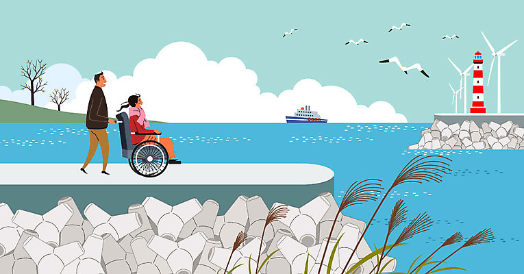 나무 여자 남자 바다 일러스트 갈매기 등대 따뜻함 갈대 사람 두명 마음 봉사 풍력에너지 자원봉사자 장애인 즐거움 휠체어 사랑나눔 나눔 부둣가 선박 국내일러스트 AI파일 식물 감정 수상교통 조류 사랑 항구 도움 그린에너지 장애 파일형식 벡터