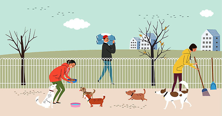 나무 여자 남자 여러마리 일러스트 따뜻함 사람 성인 세명 울타리 마음 봉사 개 자원봉사자 청소 즐거움 사랑나눔 나눔 포대 쓰레받기 개밥그릇 개사료 대빗자루 유기견 유기동물 국내일러스트 AI파일 식물 동물 그릇 감정 다수 포유류 사랑 담장 도움 먹이 청소도구 빗자루 애견용품 파일형식 벡터