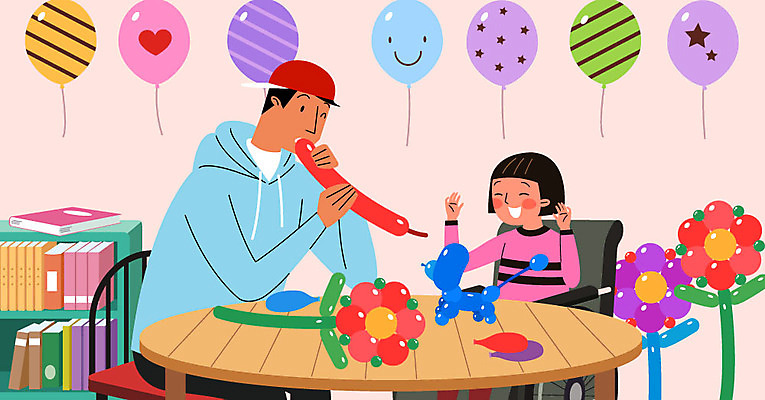 여자 남자 어린이 의자 일러스트 따뜻함 사람 성인 두명 책 마음 봉사 자원봉사자 장애인 책상 즐거움 휠체어 사랑나눔 풍선 풍선놀이 나눔 풍선불기 국내일러스트 AI파일 감정 가구 놀이 사랑 도움 불기 장애 파일형식 벡터