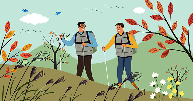 나무 남자 꽃 낙엽 일러스트 배낭 자연 지팡이 하늘 산 따뜻함 갈대 사람 두명 등산 가을 마음 봉사 자원봉사자 장애인 즐거움 사랑나눔 나눔 시각장애인 남자만 국내일러스트 AI파일 식물 계절 감정 잎 가방 사랑 트래킹 도움 생태계 장애 파일형식 벡터