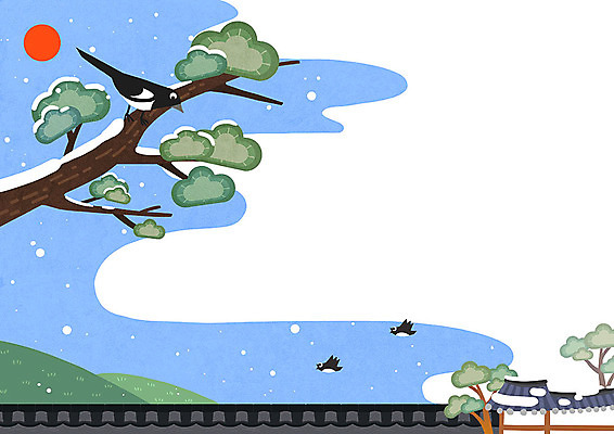 PSD 나무 백그라운드 일러스트 새해 프레임 기와 세마리 기와집 사람없음 설날 귀여움 눈 까치 프레임일러스트 전통프레임 국내일러스트 자연요소 식물 전통 명절 컨셉 조류 날씨 한옥 3 파일형식