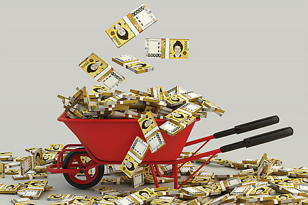 PSD 편집 편집이미지 지폐 돈 사람없음 3D소스 3D 행운 떨어짐 디지털합성 오브젝트 오만원 당첨 외발수레 편집소스 이미지편집 편집3D 컨셉 수레 재산 파일형식