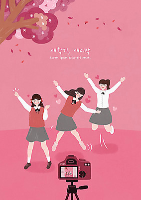 PSD 학생 여자 교육 꽃잎 교복 일러스트 학교 청소년 사람 세명 스쿨라이프 카메라 점프 사진촬영 벚꽃 벚나무 즐거움 신학기 삼각대 낙화 에듀 에듀케이션 진분홍색 십대여자만 스쿨팩 국내일러스트 나무 라이프스타일 옷 꽃 감정 분홍색 모션 전자제품 촬영 여자만 십대만 파일형식