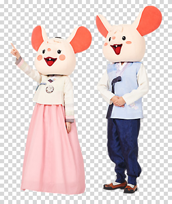 전신 편집이미지 응시 여자 명절 남자 새해 서기 누끼 20대 청년 성인 두명 앞모습 30대 귀여움 한국인 가리킴 쥐띠 쥐 한복 쥐캐릭터 손모으기 PNG 동물탈 인형탈 흰쥐 성인만 편집소스 2020년 경자년 한국전통 전통 시선 기념일 뷰포인트 동물캐릭터 컨셉 모션 사람 동양인 손짓 장년 십이지신 설치류 전통의상 연도 탈 파일형식