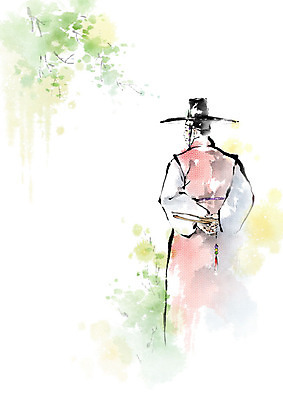 PSD 남자 일러스트 캘리그라피 붓터치 흑백 한명 사람 나뭇가지 부채 전통의상 번짐 양반 귀족 남자한복 선비 남자한명만 국내일러스트 갓모자 나무 모자_잡화 1 전통 전통소품 촬영기법 한복 신분 남자만 파일형식 효과