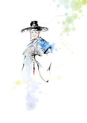 PSD 남자 일러스트 캘리그라피 붓터치 흑백 한명 사람 부채 전통의상 번짐 양반 귀족 남자한복 선비 남자한명만 국내일러스트 갓모자 모자_잡화 1 전통 전통소품 촬영기법 한복 신분 남자만 파일형식 효과