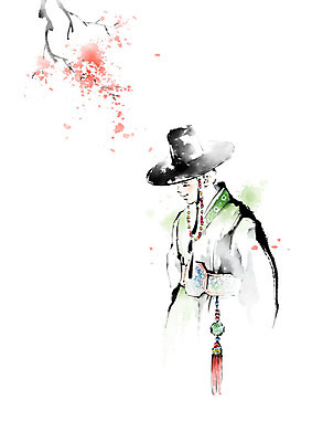 PSD 남자 꽃 일러스트 캘리그라피 붓터치 흑백 한명 사람 나뭇가지 전통의상 노리개 번짐 양반 귀족 남자한복 선비 남자한명만 국내일러스트 갓모자 나무 식물 모자_잡화 1 전통 전통소품 촬영기법 한복 신분 남자만 파일형식 효과