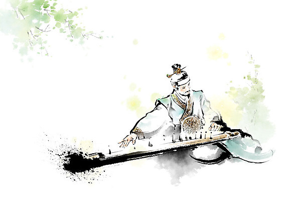 PSD 남자 연주 일러스트 캘리그라피 붓터치 흑백 한명 사람 나뭇가지 전통의상 번짐 머리장식 상투 양반 가야금 귀족 남자한복 선비 남자한명만 국내일러스트 갓모자 나무 모자_잡화 1 전통 음악 현악기 전통소품 촬영기법 국악기 장식 한복 신분 남자만 파일형식 효과