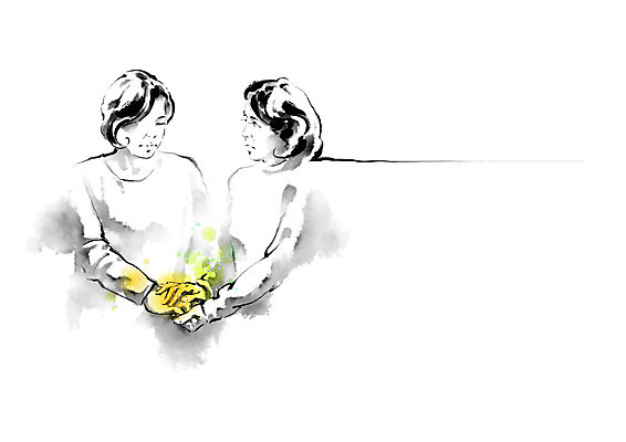 PSD 여자 중년 일러스트 캘리그라피 응원 붓터치 흑백 따뜻함 사람 두명 연두색 친구 슬픔 마음 번짐 격려 위로 여자만 국내일러스트 감정 관계 모션 촬영기법 성인 초록색 파일형식 효과