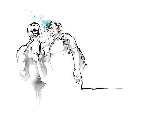 PSD 여자 노년 남자 일러스트 캘리그라피 배낭 응원 남편 붓터치 흑백 따뜻함 사람 두명 노부부 마음 아내 번짐 격려 위로 국내일러스트 부부 감정 가방 모션 촬영기법 성인 파일형식 효과