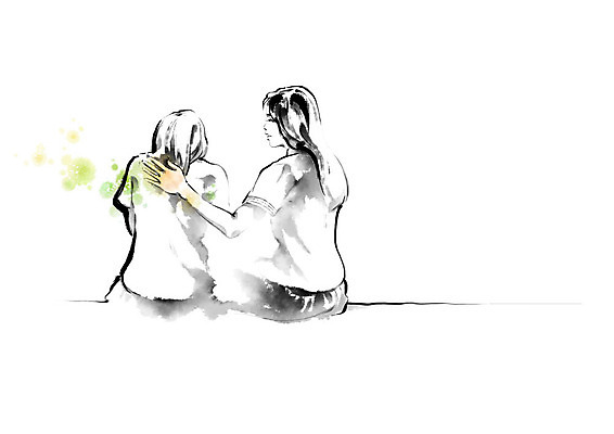 PSD 여자 일러스트 캘리그라피 응원 청소년 붓터치 흑백 따뜻함 사람 두명 마음 번짐 격려 위로 십대여자만 국내일러스트 감정 모션 촬영기법 여자만 십대만 파일형식 효과