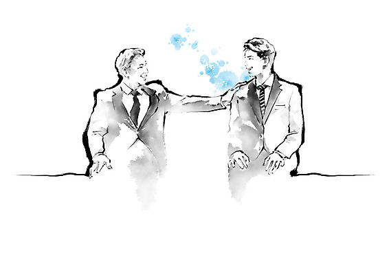 PSD 중년 일러스트 캘리그라피 응원 붓터치 흑백 따뜻함 사람 정장 성인 두명 마음 상사 직원 번짐 격려 위로 남자만 국내일러스트 옷 감정 비즈니스 모션 촬영기법 파일형식 효과