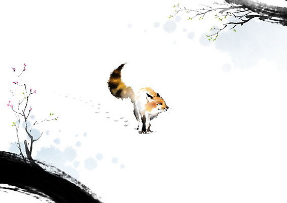 PSD 나무 식물 동물 한마리 계절 꽃 일러스트 캘리그라피 붓터치 사람없음 새싹 눈 절기 동양화 여우 번짐 입춘 풍경화 국내일러스트 자연요소 1 포유류 날씨 미술 그림 파일형식 효과