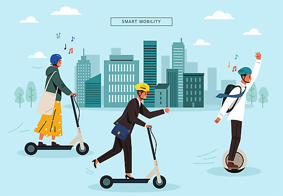 여자 남자 일러스트 안전 빌딩 성인 세명 파란색 도시 헬멧 스마트 즐거움 출근 성인만 스마트모빌리티 전동휠 전동퀵보드 퍼스널모빌리티 모빌리티 국내일러스트 AI파일 감정 육상교통 교통수단 컬러 컨셉 사람 건물 보호장비 출퇴근 퀵보드 파일형식 벡터