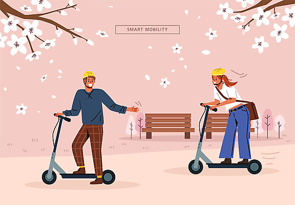 공원 여자 남자 분홍색 벤치 데이트 일러스트 성인 두명 벚꽃 스마트 성인만 스마트모빌리티 전동퀵보드 퍼스널모빌리티 모빌리티 국내일러스트 AI파일 공공시설 꽃 육상교통 교통수단 컬러 컨셉 의자 사람 퀵보드 파일형식 벡터