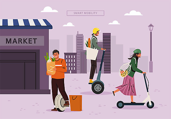 여자 남자 일러스트 빌딩 성인 세명 장보기 상점 보라색 스마트 시장바구니 세그웨이 성인만 스마트모빌리티 전동퀵보드 퍼스널모빌리티 모빌리티 국내일러스트 AI파일 육상교통 교통수단 컬러 컨셉 사람 건물 바구니 퀵보드 파일형식 벡터