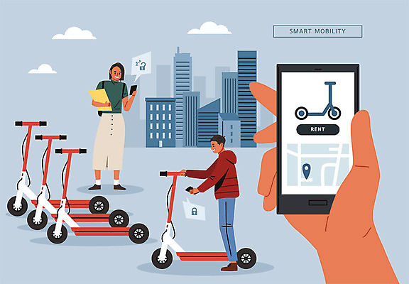 손 여자 남자 일러스트 들기 빌딩 두명 신체부위 파란색 스마트폰 어플리케이션 스마트 잠금 여러대 공유 렌탈 스마트모빌리티 공유경제 전동퀵보드 퍼스널모빌리티 모빌리티 국내일러스트 AI파일 육상교통 교통수단 컬러 다수 컨셉 모션 사람 건물 경제 핸드폰 스마트기기 보안 퀵보드 파일형식 벡터