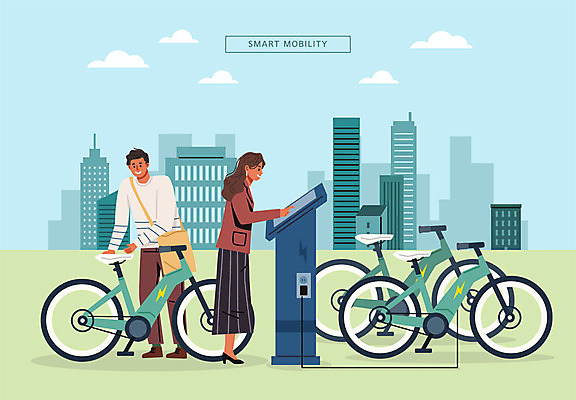 여자 남자 일러스트 빌딩 성인 두명 파란색 스마트 공유 충전 렌탈 전기자전거 성인만 스마트모빌리티 공유자전거 퍼스널모빌리티 모빌리티 국내일러스트 AI파일 교통수단 컬러 컨셉 사람 건물 자전거 파일형식 벡터