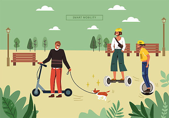 한마리 공원 여자 남자 벤치 일러스트 성인 세명 초록색 산책 강아지 스마트 목줄 반려 세그웨이 스마트모빌리티 전동휠 전동퀵보드 퍼스널모빌리티 모빌리티 국내일러스트 AI파일 1 공공시설 육상교통 교통수단 컬러 컨셉 의자 휴식 사람 반려동물 개 퀵보드 파일형식 벡터 반려용품