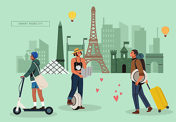 여자 남자 해외여행 여행 일러스트 성인 세명 초록색 캐리어 스마트 파리_프랑스 관광과 랜드마크 성인만 스마트모빌리티 전동휠 전동퀵보드 퍼스널모빌리티 모빌리티 국내일러스트 AI파일 해외 교육 육상교통 교통수단 컬러 컨셉 사람 여행가방 프랑스 퀵보드 파일형식 벡터