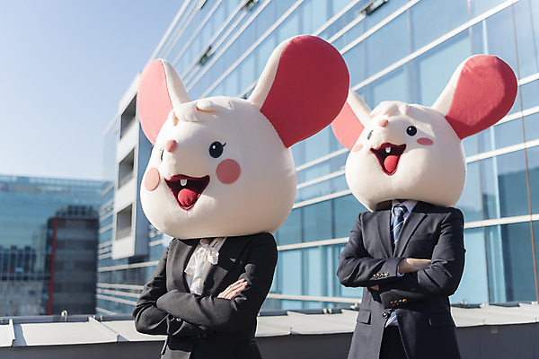 포토 JPG 주간 응시 여자 남자 서기 정장 상반신 20대 성인 야외 두명 앞모습 30대 팔짱 한국인 비즈니스맨 비즈니스우먼 쥐띠 쥐 옥상 동료 신입사원 쥐캐릭터 동물탈 패기 흰쥐 성인만 2020년 경자년 국내포토 자연요소 시선 옷 뷰포인트 동물캐릭터 컨셉 비즈니스 관계 모션 사람 동양인 청년 장년 십이지신 직장인 자신감 설치류 연도 탈 파일형식