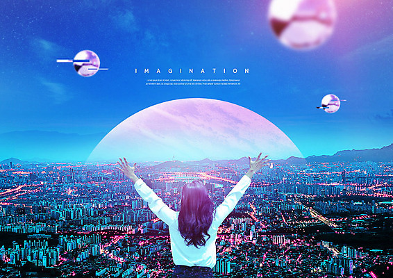 PSD 편집이미지 여자 야경 상상 하늘 팔벌리기 한명 빌딩 상반신 20대 성인 건물 파란색 한국인 달 원형 신비 상상력 성인여자한명만 카피스페이스 초현실주의 이미지편집 자연요소 도형 1 건축물 컬러 컨셉 모션 사람 동양인 청년 공백 야간 여자한명만 성인여자만 파일형식 풍경_경치