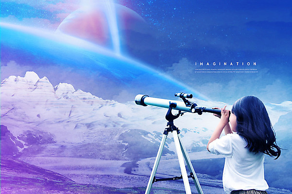 PSD 편집이미지 여자 별 어린이 상상 하늘 한명 소녀 상반신 우주 행성 한국인 신비 천체망원경 상상력 소녀한명만 카피스페이스 초현실주의 이미지편집 자연요소 1 컨셉 사람 동양인 공백 망원경 여자한명만 소녀만 파일형식