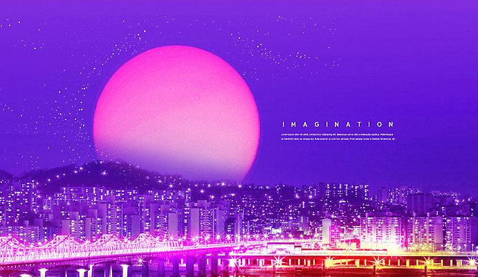 PSD 편집이미지 별 야경 상상 하늘 빌딩 사람없음 건물 우주 보라색 행성 도시 신비 상상력 가교 카피스페이스 초현실주의 이미지편집 자연요소 건축물 컬러 컨셉 공백 야간 파일형식 풍경_경치