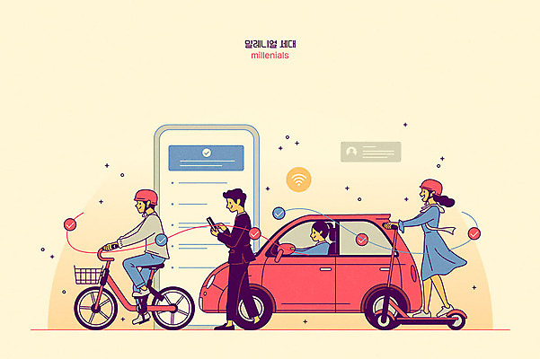 여자 남자 일러스트 자동차 여러명 성인 스마트폰 노란색 자전거 스마트 출퇴근 공유 IT산업 전기자전거 렌트카 성인만 4차산업 Z세대 공유경제 밀레니얼 전동퀵보드 리츠 모빌리티 국내일러스트 AI파일 산업 육상교통 교통수단 컬러 다수 컨셉 비즈니스 정보기술 사람 경제 핸드폰 스마트기기 바이크 투자 세대 퀵보드 파일형식 벡터