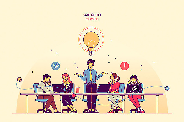 여자 남자 일러스트 회의 추상 아이디어 여러명 성인 사무실 노란색 직장인 비즈니스맨 비즈니스우먼 스마트 IT산업 창의력 성인만 4차산업 Z세대 밀레니얼 리츠 국내일러스트 AI파일 직업 산업 컬러 다수 컨셉 무늬 비즈니스 정보기술 사람 경제 투자 세대 파일형식 벡터