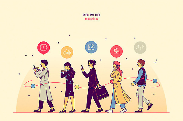 여자 남자 행복 일러스트 여러명 성인 노란색 직장인 스마트 즐거움 퇴근 IT산업 웨어러블 성인만 4차산업 Z세대 워라밸 밀레니얼 리츠 국내일러스트 AI파일 직업 감정 산업 컬러 다수 컨셉 정보기술 사람 경제 출퇴근 투자 신조어 세대 파일형식 벡터