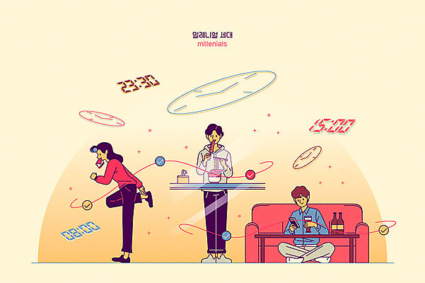 여자 남자 빵 시계 일러스트 맥주 성인 세명 노란색 시간 스마트 출근 IT산업 편의점 활용 성인만 4차산업 Z세대 밀레니얼 리츠 국내일러스트 AI파일 산업 음식 컬러 컨셉 주류 정보기술 사람 경제 상점 출퇴근 투자 세대 파일형식 벡터