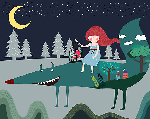 나무 동물 구름 라이프스타일 별 어린이 일러스트 상상 밤하늘 동화 한명 친구 판타지 꿈 야간 초승달 새장 늑대 동심 국내일러스트 AI파일 자연요소 식물 1 포유류 관계 하늘 사람 생활 달 케이지 파일형식 벡터