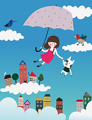 나무 동물 구름 라이프스타일 어린이 일러스트 우산 상상 조류 하늘 동화 주택 한명 친구 판타지 꿈 동심 국내일러스트 AI파일 자연요소 식물 1 관계 사람 건물 생활 파일형식 벡터