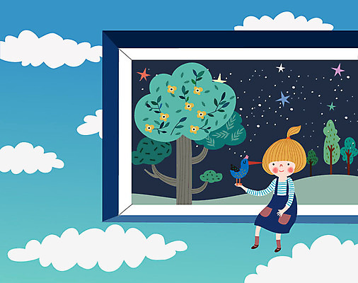 동물 구름 라이프스타일 별 액자 일러스트 상상 조류 하늘 동화 꽃나무 한명 사람 소녀 친구 판타지 컬러풀 꿈 야간 소녀한명만 동심 국내일러스트 AI파일 자연요소 나무 1 여자 꽃 어린이 컬러 관계 생활 여자한명만 소녀만 파일형식 벡터