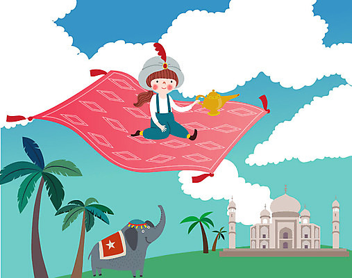 동물 구름 라이프스타일 일러스트 상상 동화 한명 사람 소녀 친구 판타지 컬러풀 야자수 꿈 인도 마법의양탄자 알라딘 요술램프 타지마할궁전 소녀한명만 동심 국내일러스트 AI파일 자연요소 나무 1 여자 아시아 어린이 컬러 관계 생활 궁전 여자한명만 소녀만 파일형식 벡터