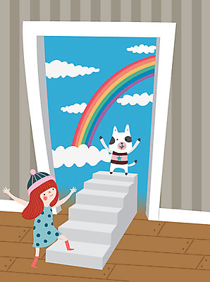 동물 구름 라이프스타일 무지개 일러스트 상상 동화 한명 사람 소녀 친구 판타지 컬러풀 문 계단 꿈 소녀한명만 동심 국내일러스트 AI파일 자연요소 1 여자 어린이 컬러 관계 생활 여자한명만 소녀만 파일형식 벡터