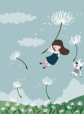 동물 구름 라이프스타일 일러스트 상상 동화 바람 한명 사람 소녀 초원 친구 판타지 컬러풀 꿈 민들레홀씨 소녀한명만 동심 국내일러스트 AI파일 자연요소 1 여자 어린이 컬러 관계 날씨 생활 민들레 여자한명만 소녀만 파일형식 벡터