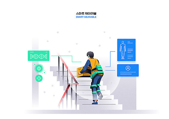 남자 일러스트 건강 정보기술 한명 사람 스마트기기 유행 계단 디지털 스마트 배송 웨어러블 남자한명만 국내일러스트 AI파일 1 컨셉 기술 전자제품 남자만 파일형식 벡터