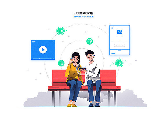 커플 공원 여자 남자 벤치 데이트 일러스트 정보기술 사람 두명 스마트폰 스마트기기 유행 디지털 스마트 블루투스 동영상 무선이어폰 웨어러블 국내일러스트 AI파일 공공시설 이어폰 컨셉 의자 관계 기술 전자제품 핸드폰 파일형식 벡터