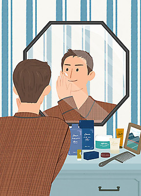 PSD 남자 일러스트 관리 한명 사람 뷰티 머리빗 즐거움 서랍장 화장대 남성화장품 벽거울 남자한명만 그루밍족 국내일러스트 1 감정 가구 화장품 거울 미용용품 남자만 파일형식