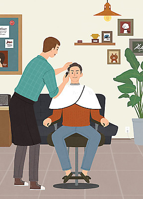 PSD 헤어스타일 남자 의자 일러스트 조명 선반 관리 사람 두명 뷰티 미용실 미용사 즐거움 남자만 그루밍족 국내일러스트 직업 감정 가구 뷰티샵 파일형식