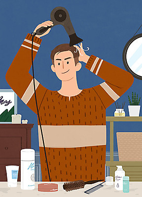 PSD 남자 일러스트 관리 한명 사람 뷰티 머리빗 드라이어 즐거움 서랍장 머리손질 향초 헤어용품 디퓨저 벽거울 남자한명만 그루밍족 국내일러스트 1 감정 가구 초 거울 미용용품 남자만 파일형식