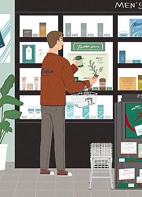 PSD 남자 일러스트 관리 한명 사람 뷰티 화장품 장바구니 즐거움 진열장 남성화장품 화장품가게 남자한명만 그루밍족 국내일러스트 1 감정 쇼핑 바구니 상점 남자만 파일형식