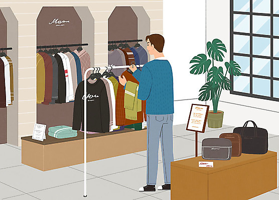 PSD 옷 패션 남자 가방 일러스트 창문 관리 한명 사람 쇼핑 뷰티 옷걸이 즐거움 진열장 스탠드옷걸이 남자한명만 그루밍족 국내일러스트 1 잡화 감정 남자만 파일형식