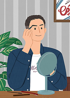 PSD 남자 일러스트 관리 한명 사람 화장 뷰티 눈썹 즐거움 눈썹브러쉬 눈썹정리 탁상거울 남자한명만 그루밍족 국내일러스트 1 감정 얼굴 거울 정리 메이크업브러쉬 남자만 파일형식