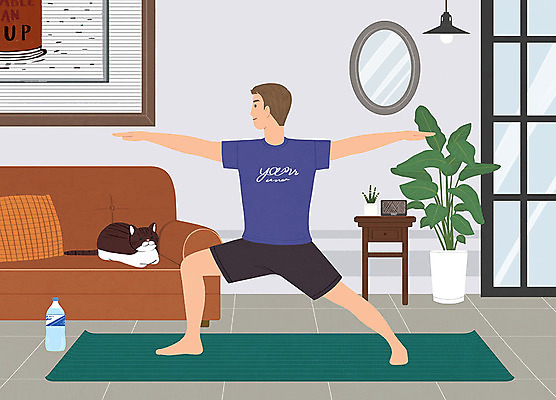 PSD 한마리 남자 쿠션 일러스트 요가 조명 건강 관리 한명 사람 소파 뷰티 고양이 스트레칭 요가자세 매트 즐거움 서랍장 반려 벽거울 남자한명만 그루밍족 국내일러스트 1 웰빙 감정 포즈 가구 의자 포유류 반려동물 운동 거울 남자만 파일형식