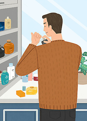 PSD 패션 남자 일러스트 선반 관리 한명 사람 뷰티 거울 향수 즐거움 남성화장품 자기관리 남자한명만 그루밍족 국내일러스트 1 감정 가구 화장품 남자만 파일형식